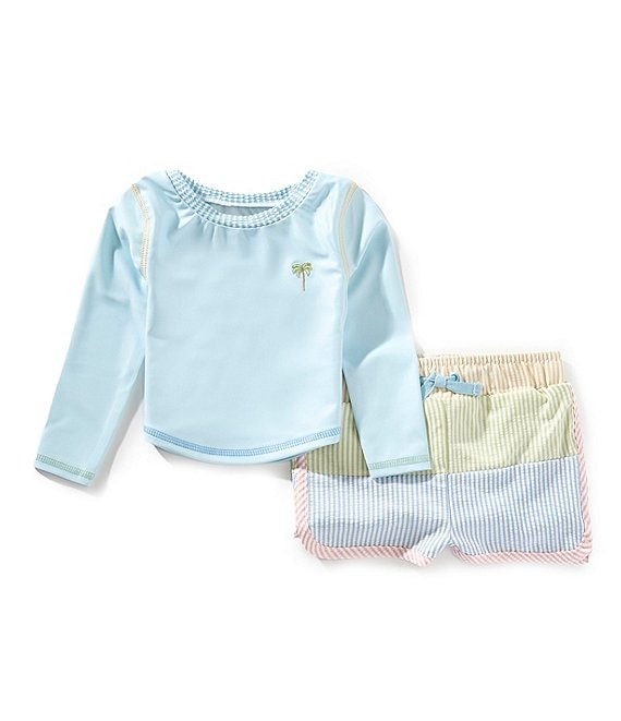 Mud Pie Little Boys Long Sleeve Rashguard T-Shirt & Color Block Swim Trunks Set