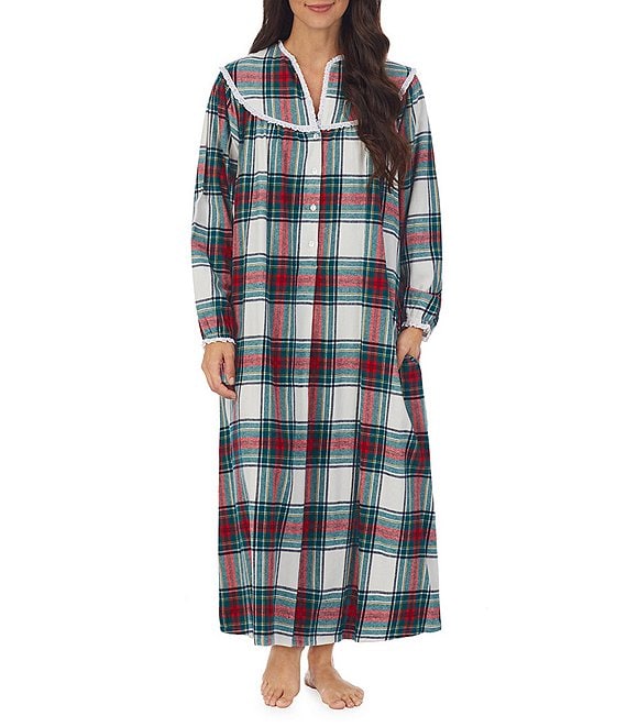 Color:Multi Plaid - Image 1 - Multi Plaid Print Cotton Flannel Eyelet Lace V-Neck Ballet Holiday Nightgown