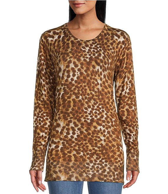 Color:Multi Animal Print - Image 1 - Animal Print Sweater Knit Jewel Neck Long Sleeve Side Slit Hem Top