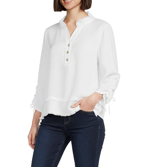 Multiples Band Collar 3/4 Drawstring Sleeve Fringe Trimmed High-Low Top