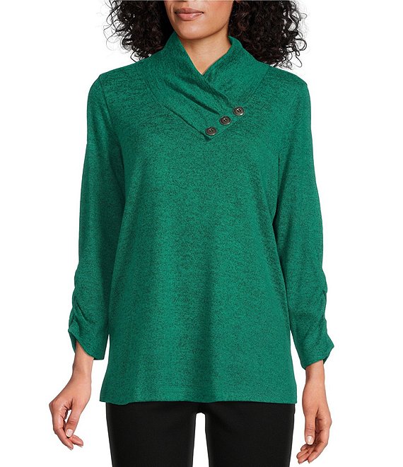 Color:Emerald - Image 1 - Brushed Space Dyed Knit Overlapped Mock Neck Collar 3/4 Bungee Sleeve Top