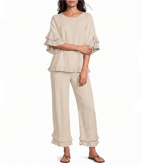 Multiples Coordinating Textured Slub Elastic Drawstring Double Fringe Flounce Hem Cropped Pants