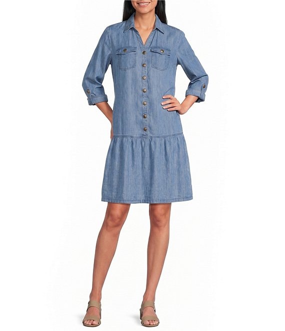 Multiples Denim Point Collar Rolled Tab 3/4 Sleeve Shirt Dress
