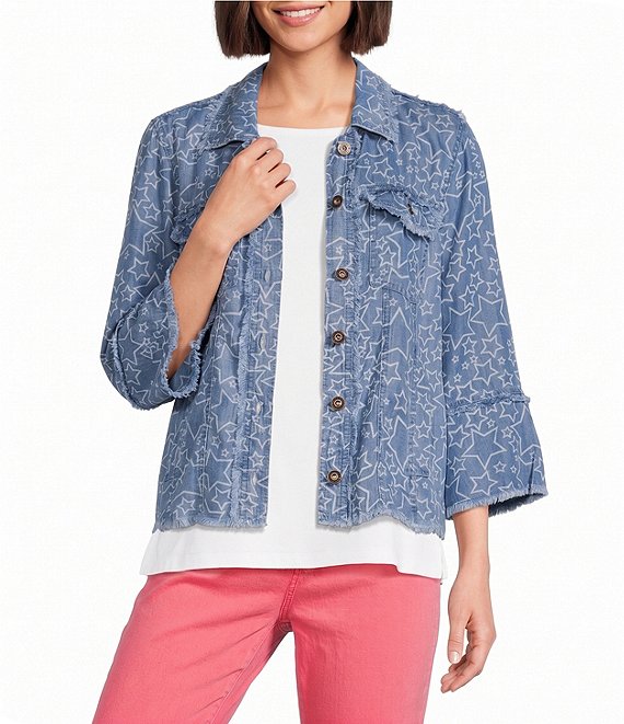 Multiples Denim Print Point Collar 3/4 Flounce Sleeve Button Front Jacket