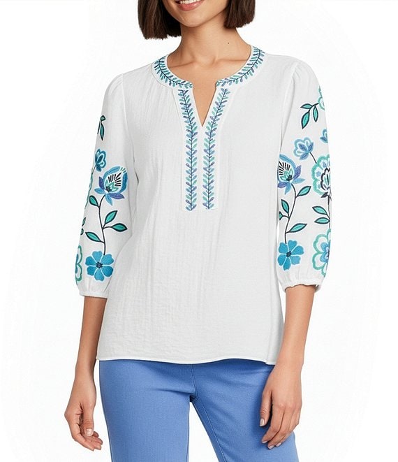 Multiples Embroidered Floral Split V-Neck 3/4 Sleeve Top