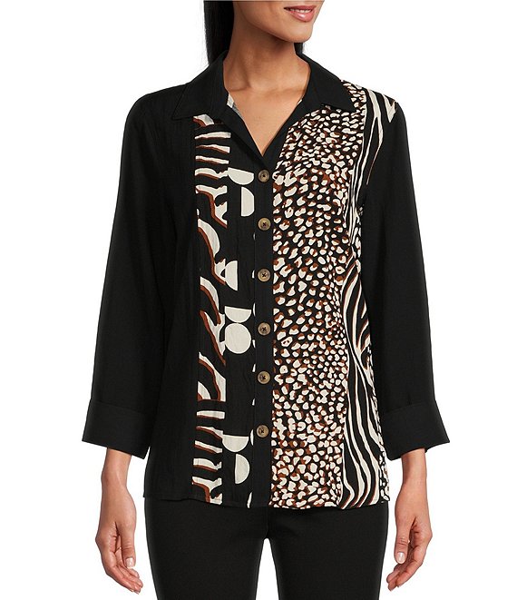 Color:Multi - Image 1 - Mixed Animal Print Point Collar Turned Up Cuff 3/4 Sleeve Button Front Shirt