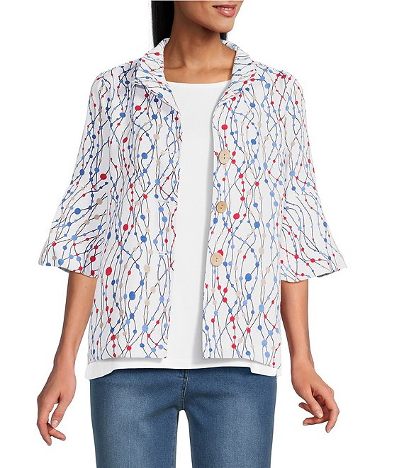 Multiples Petite Size Barkcloth Dot Multi Print Wire Collar 3/4 Sleeve Button-Front Jacket