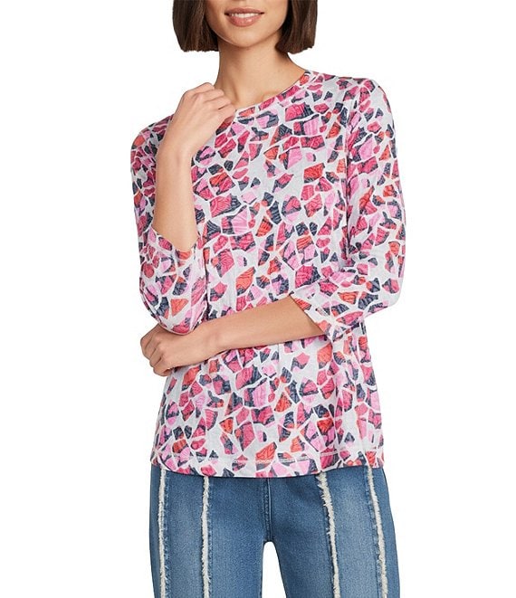 Multiples Petite Size Burnout Knit Scoop Neck 3/4 Sleeve Crinkle Paisley Print Top