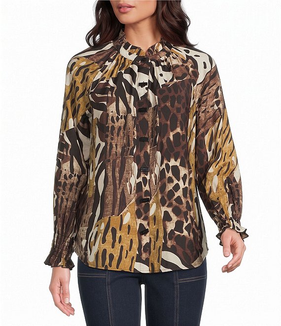 Multiples Petite Size Crinkle Animal Ruffle Collar Shirred Raglan Long Sleeve Button-Front Shirt