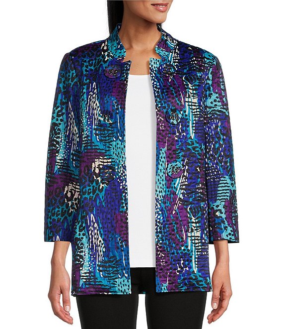 Color:Multi - Image 1 - Petite Size Double Printed Quilted Jacquard Knit Banded Collar 3/4 Sleeve Button Front Jacket