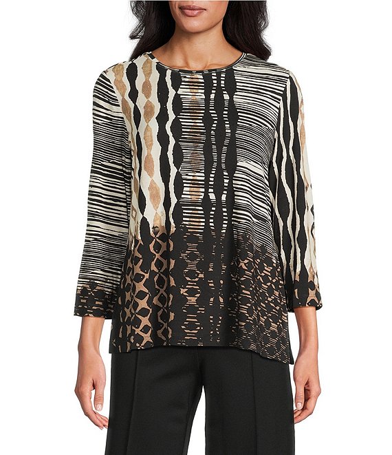 Multiples Petite Size Knit Color Block Stripe Geometric Print Embellished Neckline 3/4 Sleeve Top, Multi - Image 1