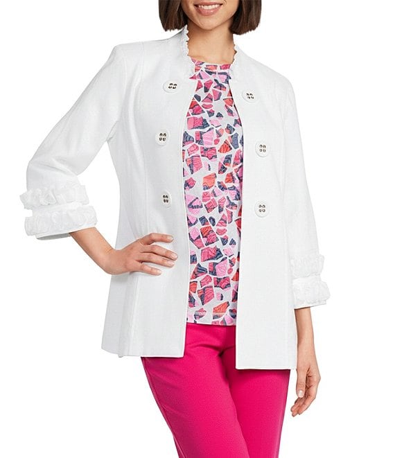 Multiples Petite Size Linen Blend Stand Collar 3/4 Sleeve Open-Front Jacket