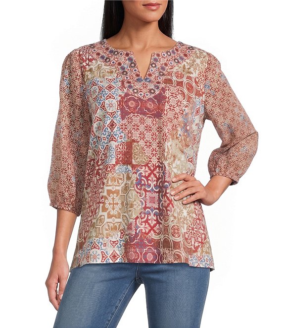 Multiples Petite Size Mixed Media Embroidered Split Neck 3/4 Georgette Sleeve Top