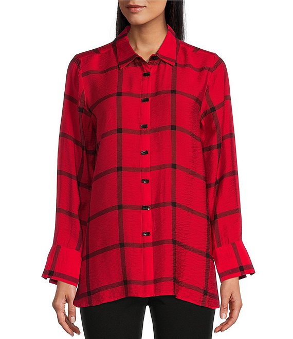 Color:Bright Red - Image 1 - Petite Size Plaid Print Crinkle Woven Long Sleeve High-Low Button Front Shirt