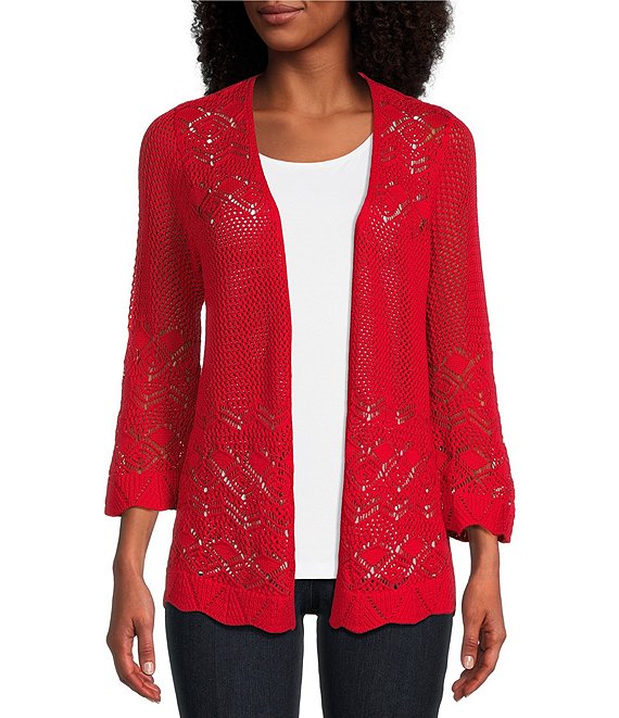 Multiples Petite Size Scalloped Edge 3/4 Sleeve Crochet Sweater Knit Open Front Cardigan