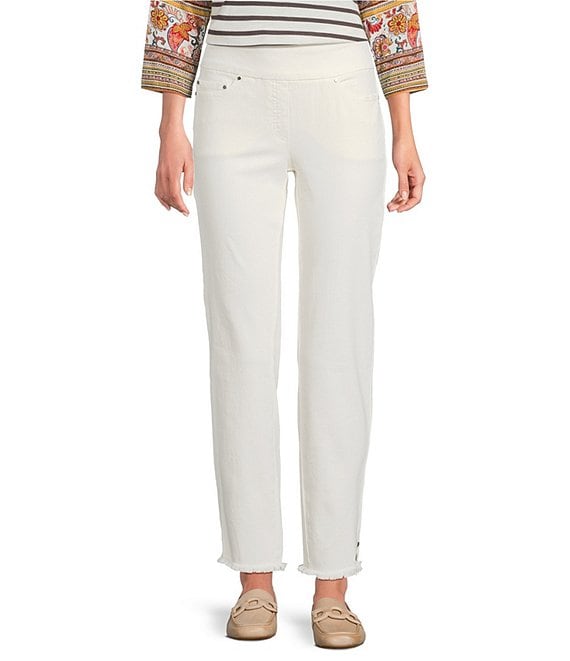 Multiples Petite Size Solid Garment Dyed Straight Leg Fringe Hem Pull-On Ankle Pants