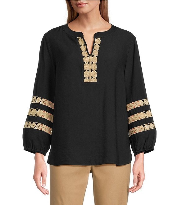 Multiples Petite Size Woven Banded Notch Neck 3/4 Inset Trim Sleeve Top, Black - Image 1