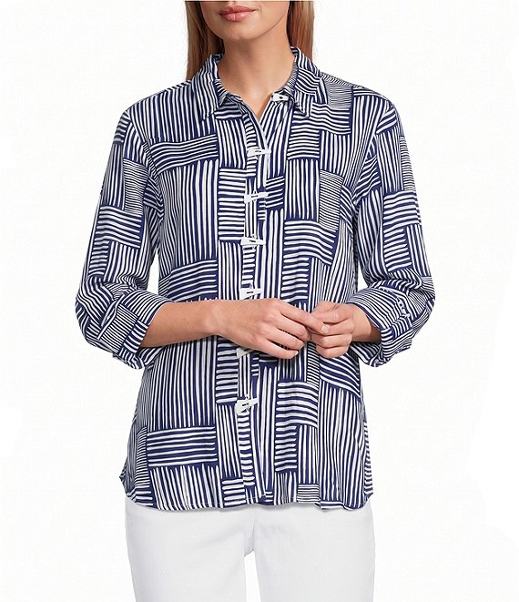 Multiples Petite Size Woven Spliced Stripe Collared 3/4 Turn-Up Sleeve Button-Front Shirt