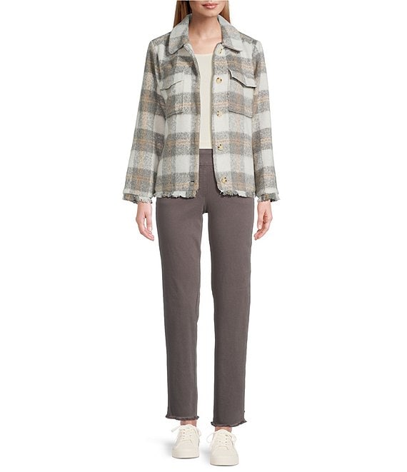 Multiples Plaid Point Collar Long Sleeve Button Front Fringe Jacket