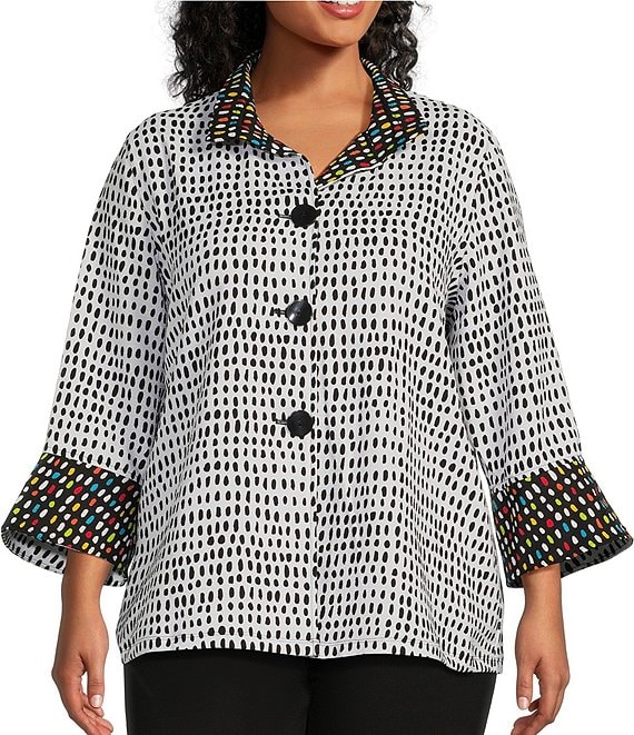 Multiples Plus Size Abstract Dot Print Bark Cloth Wire Collar 3/4 Flounce  Sleeve Button-Front Jacket