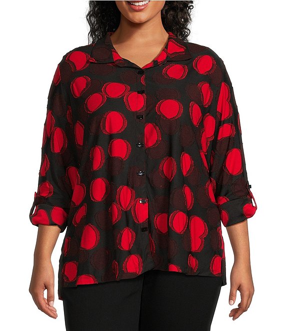 Color:Ruby Red - Image 1 - Plus Size Circled Clipped Jacquard Knit Point Collar Roll-Tab Sleeve High-Low Button-Front Top