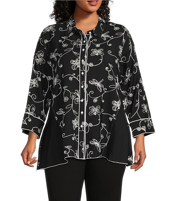 Multiples Plus Size Contrast Embroidered Point Collar 3/4 Sleeve Hi-Low ...
