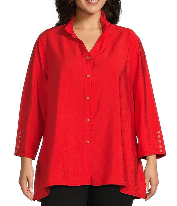 Multiples Plus Size Crinkled Woven Wire Collar 3/4 Sleeve Button Front Shirt