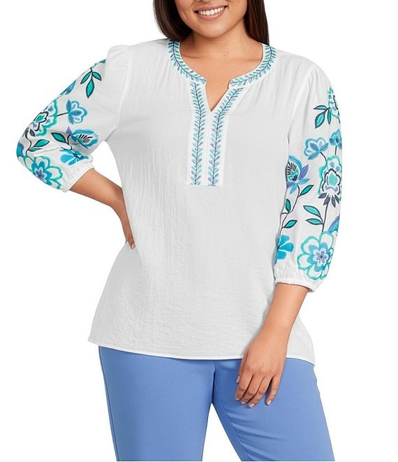 Multiples Plus Size Embroidered Floral Split V-Neck 3/4 Sleeve Top