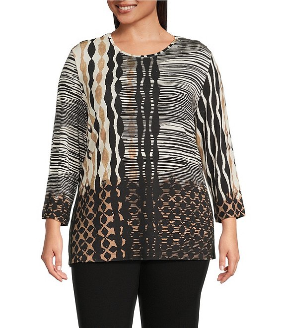 Multiples Plus Size Knit Color Block Stripe Geometric Print Embellished Neckline 3/4 Sleeve Top, Multi - Image 1