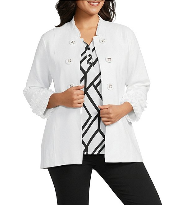 Multiples Plus Size Linen Blend Stand Collar 3/4 Sleeve Open-Front Jacket