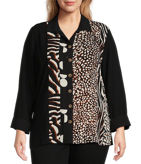 Color:Multi - Image 1 - Plus Size Mixed Animal Print Point Collar Long Sleeve Turned Up Cuff Button Front Shirt