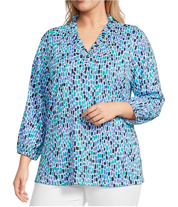 Multiples Plus Size Slub Knit Geometric Ruffled Y-Neck 3/4 Sleeve Top
