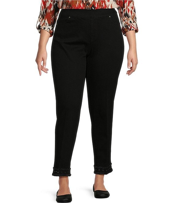 Color:Black Denim - Image 1 - Plus Size Solid Stretch Denim Straight Leg Embellished Fringe Hem Pull-On Jeans