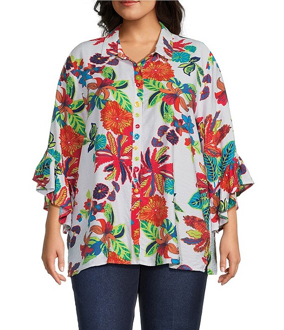Multiples Plus Size Textured Woven Floral Point Collar 3/4 Sleeve Tie Front Shirt