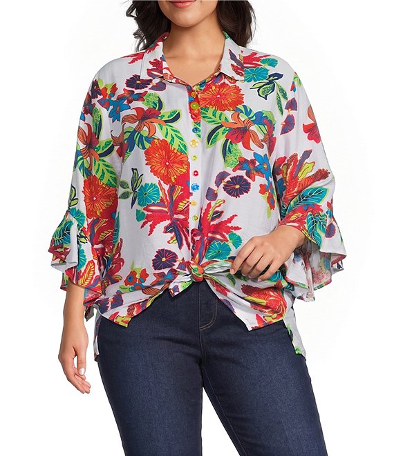 Multiples Plus Size Textured Woven Floral Point Collar 3/4 Sleeve Tie Front Shirt