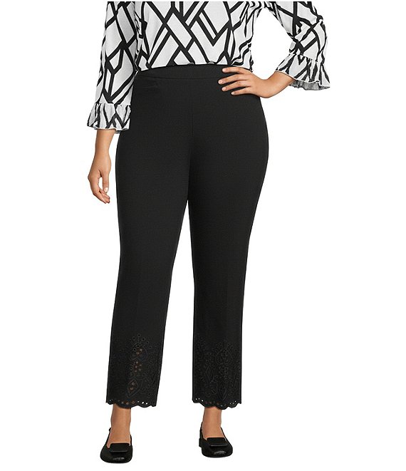 Multiples Plus Size Twill Embroidered Scalloped Hem Wide Leg Pull-On Ankle Pants, Black - Image 1