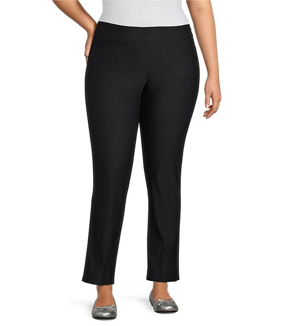 Slimsation® by Multiples Plus Size Wide Waistband Pull-On Plain Weave Ankle  Pants