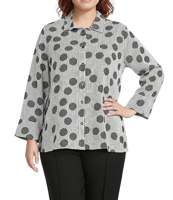 Multiples Plus Size Woven Black White Print Point Collar 3/4 Turn-Up Sleeve Button-Front Shirt