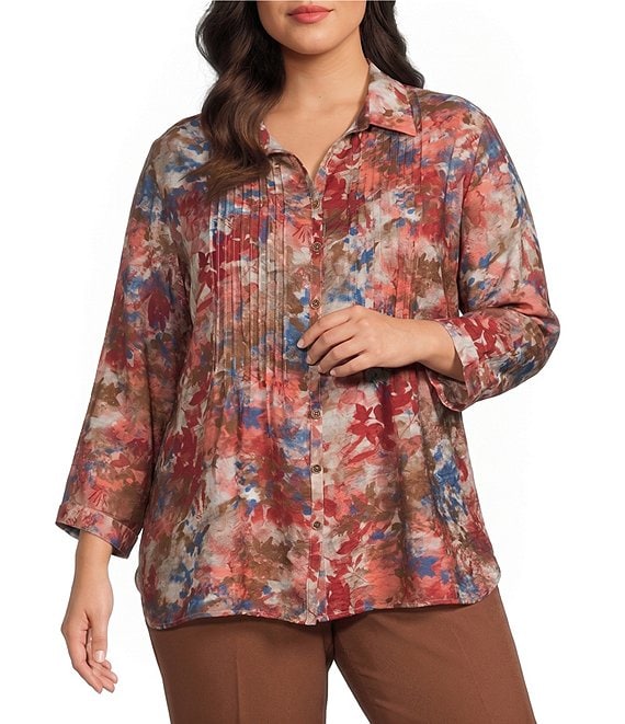 Multiples Plus Size Woven Floral Multi Print Point Collar 3/4 Roll-Tab Sleeve Button-Front Crinkle Shirt
