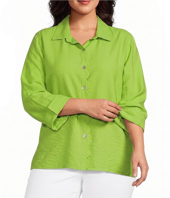 Multiples Plus Size Woven Point Collar 3/4 Turn-Up Cuff Sleeve Button-Front Shirt