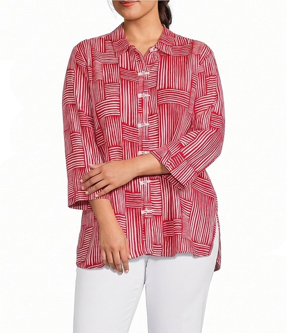 Multiples Plus Size Woven Stripe Point Collar 3/4 Turn Up Cuff Sleeve Button Front Shirt