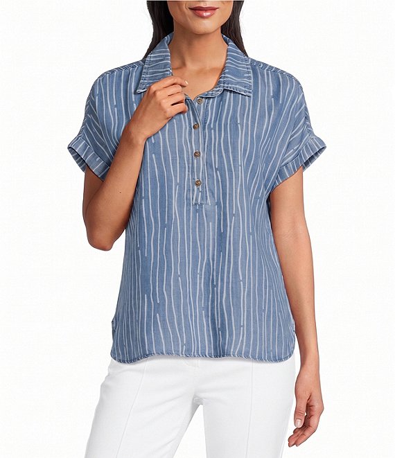 Multiples Print Denim Point Collar Short Dolman Cuffed Sleeve Front Button Placket Top
