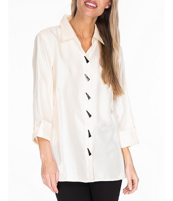 Color:Winter White - Image 1 - Shimmer Woven Point Collar 3/4 Turn-Up Cuff Sleeve High-Low Hem Button Front Shirt