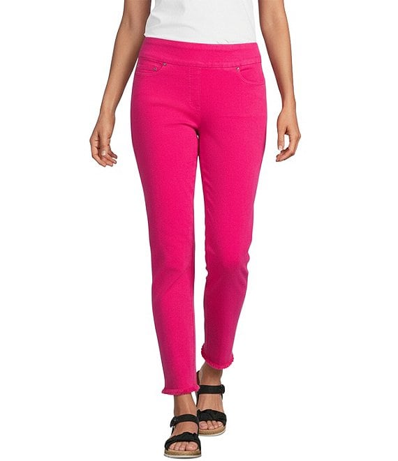 Multiples Solid Garment Dyed Straight Leg Fringe Hem Pull-On Ankle Pants