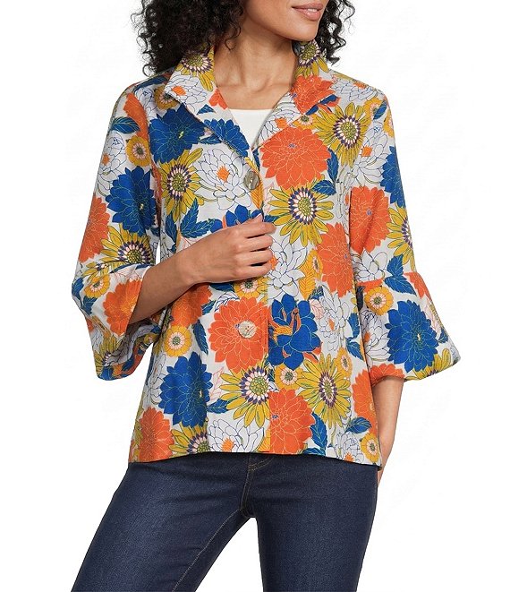 Multiples Textured Floral Multi Wire Collar 3/4 Sleeve Button-Front Jacket