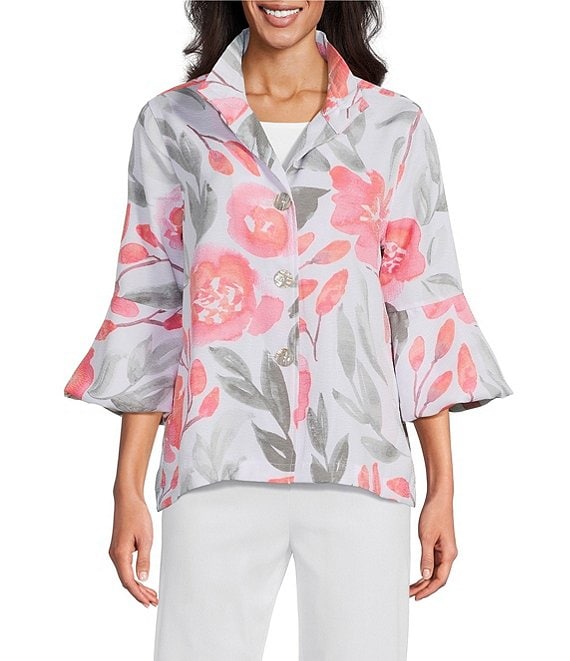 Multiples Textured Floral Wire Collar 3/4 Sleeve Button-Front Jacket