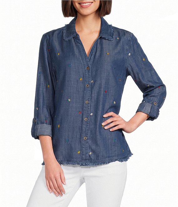 Multiples Woven Denim Point Collar Long Sleeve With Roll Tab Cuffed Shirt
