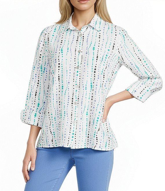 Multiples Woven Dot Multi Print Point Collar 3/4 Turn Up Sleeve Button Front Shirt