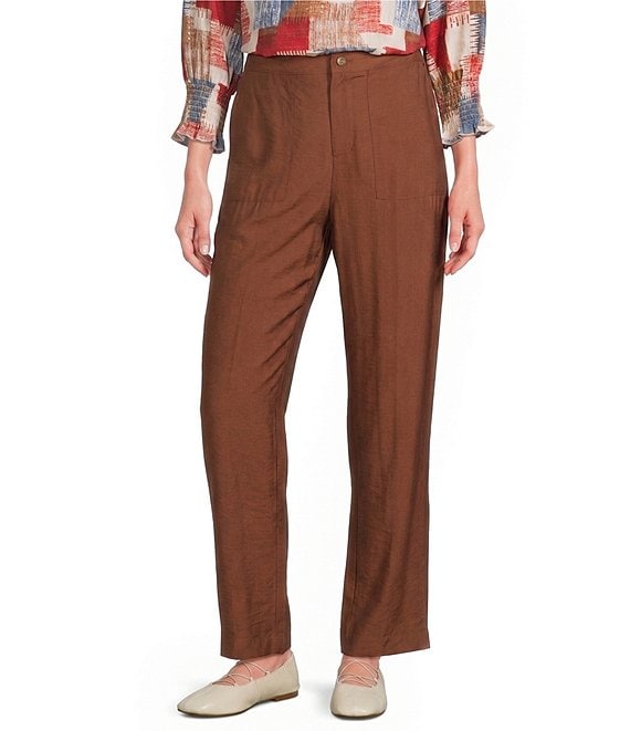 Multiples Woven Flat Front Straight Leg Ankle Length Full Elastic Back Pants