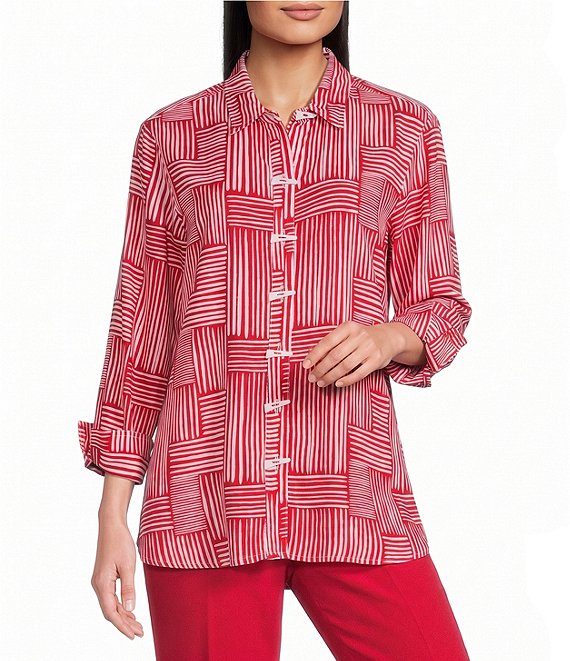 Multiples Woven Stripe Point Collar 3/4 Sleeve Turn Up Cuff Button Front Shirt